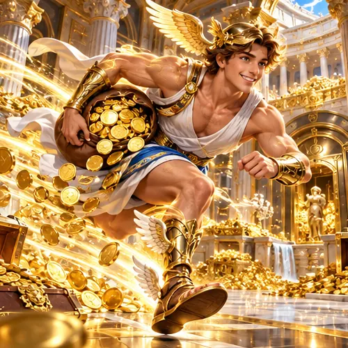Hermes racing a bag of winnings to the player