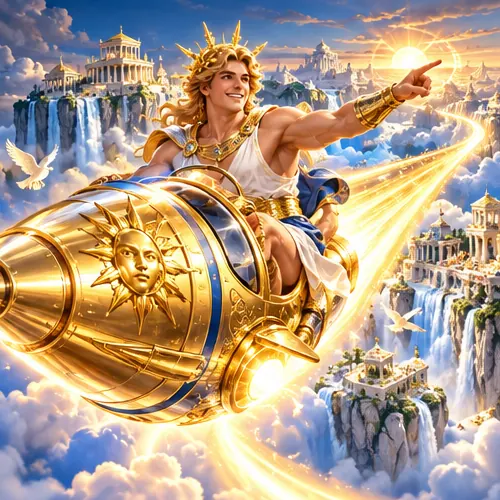 Apollo riding a golden rocket — fast Mythoswin mobile play